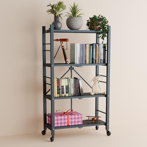 Image of Sahni Foldable 4-Tier Storage Shelf | Foldable Metal Bookcase| Multi Purpose Display Unit with Wheels (Graphite Grey)