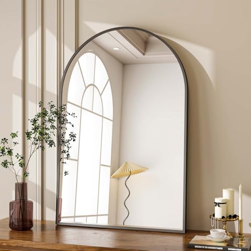 VENETIAN IMAGE Arched Aluminum Frame Wall Mirror – Arch‑Top Plane...