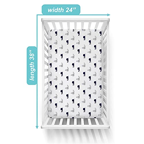 Image of American Baby Company 100% Natural Cotton Fitted Mini Crib Sheet 38 inch x 24 inch - Soft & Breathable Small Nesting Portable Crib Sheet, Fits Pack N Play Mattresses, Navy Whale, for Boys & Girls