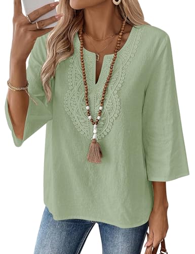 LOMON Women Shirts V Neck Lace Blouses Casual Loose 3/4 Sleeve Cotton Tunic Tops to Wear with Leggings Business Work Clothes(Sage Green,M)