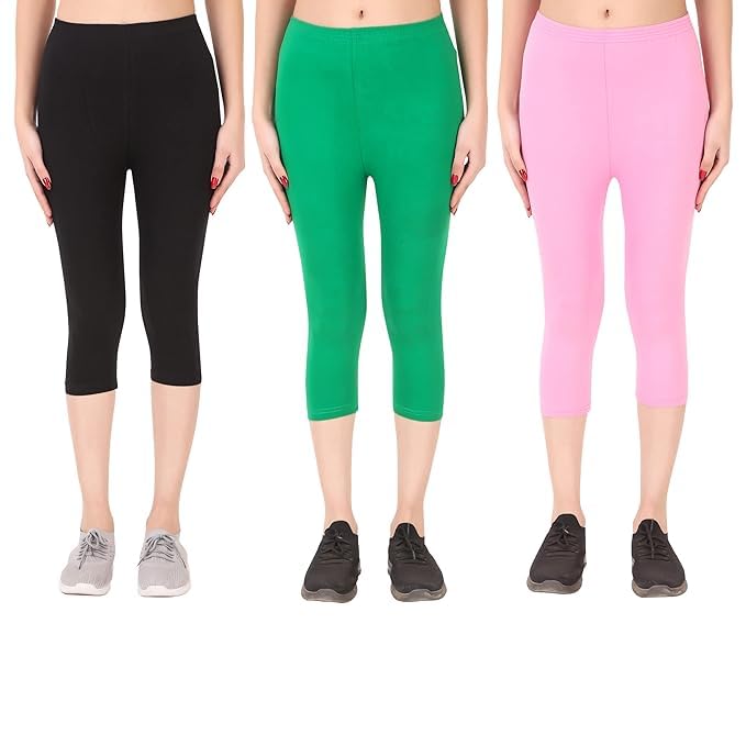 diaz Women Cotton Stretchable Capri | Slim/Regular Fit | Breathable Yoga, Gym & Lounge Wear | Mid-Waist Stretchable 3/4 Length Leggings with Wide Waistband – Pack of 3-picture-43