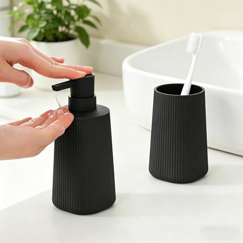 GAHEFY Black Bathroom Accessories Set, 2-Piece Soap Dispenser and Toothbrush Holder Set, Modern ABS Countertop Bathroom Set for Bathroom Vanity (Black) - 1