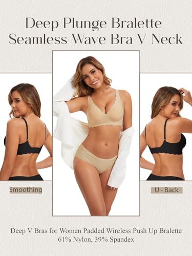 Image of Seamless Wavy Bra Wireless Jelly Bralette Low Cut Deep V Neck Bras | Adjustable Straps, Sexy Plunge Bra, Removable Pads, High Elastic Fabric, Scalloped Edges, Deep V Bras for Women No Underwire