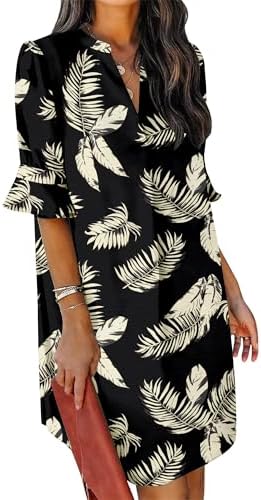 KISSMODA Womens Ruffle Half Sleeve Dress V Neck Summer Casual Shift Dresses Trendy Loose Classic Work Shirt Dress