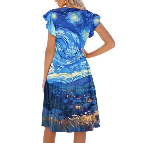 Image of Women's Casual Ruffle Sleeve Dress V Neck Pullover Dress Flowy A-Line Pleated Lightweight Dress with Pockets