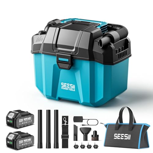 Seesii Cordless Shop Vac Wet and Dry, 2.6 Gallon Small Shop Vac with 2 x 4.0Ah Batteries, 3-in-1 Wet Dry Vacuum with HEPA Filter, Strap, Accessories Storage Bag, Ideal for Garage, Car, Workshop, House