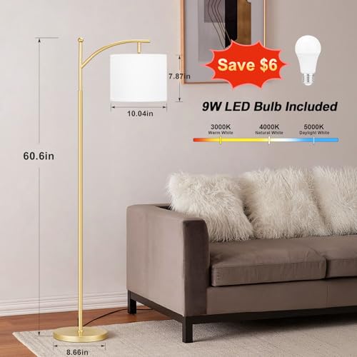Image of Ambimall 60 inch Floor Lamp for Living Room with 3 Color Temperatures, Adjustable White Shade with Gold Pole, Tall Lamp for Bedroom Office Classroom Dorm Room, 9W LED Bulb Included
