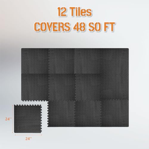 Image of GWT Interlocking EVA Foam Floor Tiles 24x24 Inch 0.4 Inch Thick Gym Flooring for Home Gyms Garages and Basements, 12 Pack Covers 48 Square Feet, Shock-Absorbing Easy Snap-Together Install