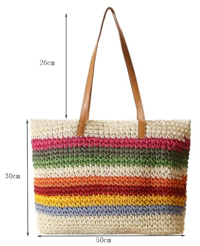 Image of Rainbow Straw Bag for Women Contrast Striped Straw Shoulder Bag Beach Tote Bag Summer Straw Hobo Handbag 2024 Straw Purse