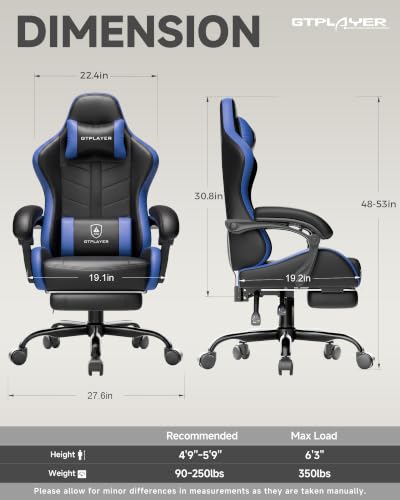Image of GTPLAYER Gaming Chair for Adults, Computer Chair with Footrest,Black & Blue | Ergonomic Video Game Chair with 90-155 Recline, Removable Headrest & Lumbar Support, All-Day Comfort for Home & Office