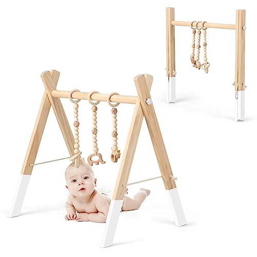 Flkiglm Portique D'Éveil Bébé En Bois - Arche D'Activité Pliable Avec Jouets Suspendus, Puzzle Gym Sensoriel Pour Nouveau-né 0-12 Mois