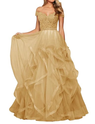 SPSMOKH Vestido de noche largo de tul para mujer, de encaje, con hombros descubiertos, acampanado, vestido de graduación, vestido de graduación con cuello en V (dorado, 20)