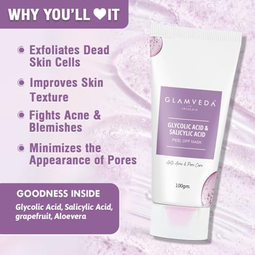 Image of Glamveda 1% ww Glycolic Acid & 1% ww Salicylic Acid Anti-Acne Kit | Reduces Dark Spot & Body Acne | Face Wash + Peel Off Mask + Facial Kit | Skincare Routine for Women & Men