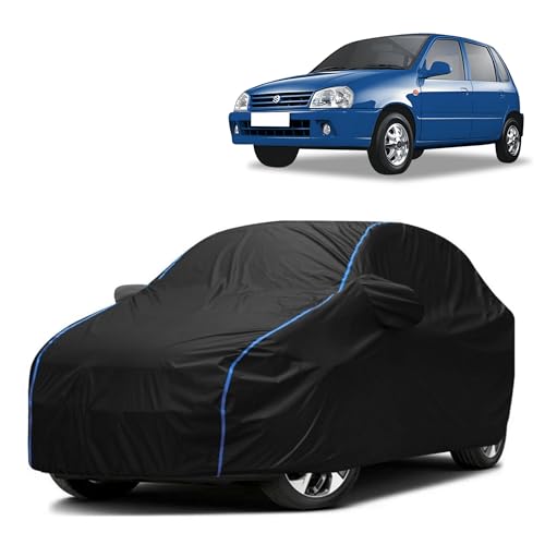 Image of Kerwa Car Body Cover Waterproof Compatible with Maruti Zen | Scratch Proof, Anti-Dust, UV Protection with Windproof Buckle Strap and Mirror Pockets, Bottom Elastic Fitted-Black