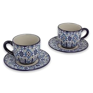 NOVICA Artisan Handmade Ceramic Cups Saucers Mexican Blue Set for 2 Mexico Tableware Dinnerware Mugs Floral [cups 3in H x 4.7in W x 3.5in D 6 Oz. Saucers 0.8in H x 6in Diam.] ‘ Blue Bajio’ Set for