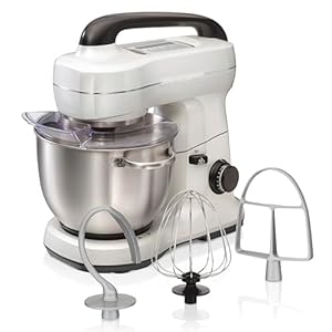 Hamilton Beach Electric Stand Mixer, 4 Quarts, Dough Hook, Flat Beater Attachments, Splash Guard, 7 Speeds with Whisk, White