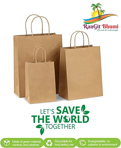 Image of RanGit Bhumi Kraft Paper Bags with Handles- 20pcs 10 inchx14 inchx5 inch Medium Brown Bags, Return Gift Craft Paper carry Bag for Shopping Retail Merchandise - Disposable (10x5x14 in Brown, 20 pack)
