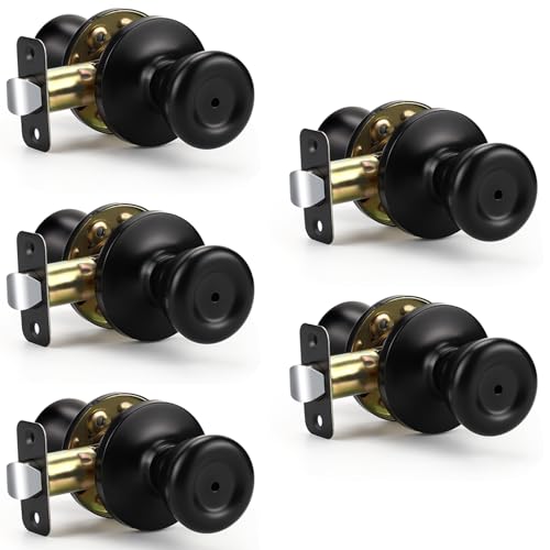 KNOBWELL 5 Pack Privacy Door Knobs Interior Door Knob Black Door Handles Keyless Bedroom Door Knobs Interior Door Lockset Bathroom Door Lock, Matte Black Locking Door Knob