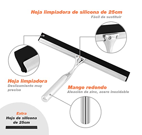 Miniatura 3 de Kowald Rasqueta Limpiacristales - Rasqueta De Acero Inoxidable Cromado - Con Gancho Silicona De Repuesto - Limpiacristales Eficaz Para Mamparas - 25cm De Ancho