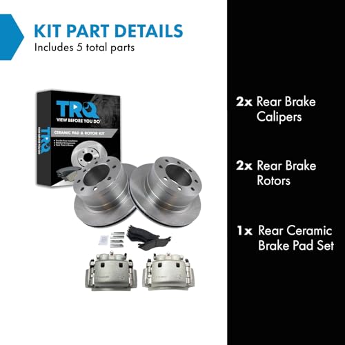 Image of TRQ Rear Brake Pad, Caliper, & Rotor Kit Ceramic Vented Compatible with 2006-2008 Dodge Ram 1500 2003-2008 Ram 2500, 3500