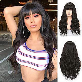 MERISIHAIR Long Kinky Curly Wavy Hair with Bangs Black Wig for Girl Heat Friendly Synthetic Party Cosplay Wigs