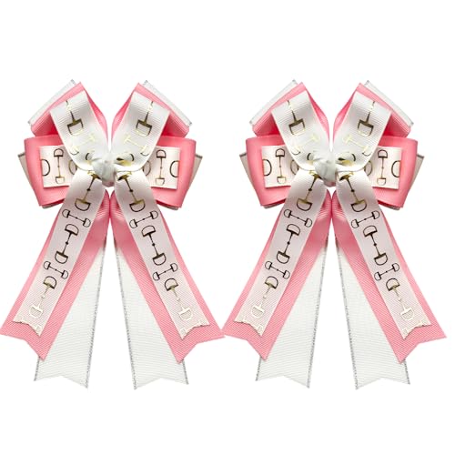 2PCS Equestrian Hair Bows for Women, Pink White Handmade Horse Bit Equestrian Elastics Hair Accessories Gifts Horse Equestrian Show Bow for Horseback Riding Competitions