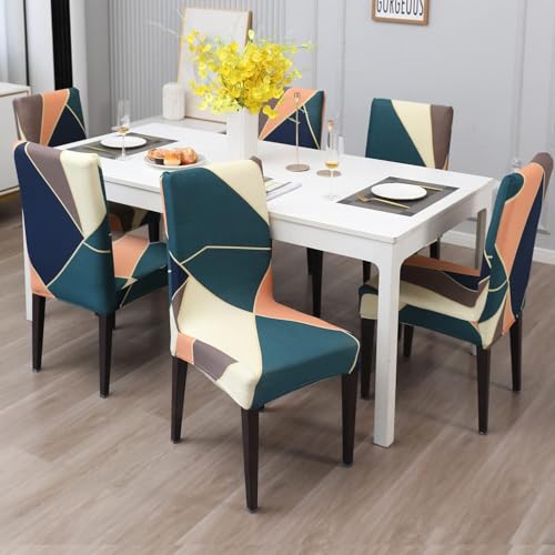Image of Stretchable Dining Chair Cover - Washable, Removable, Anti-Slip, Protector, Universal Fit (Set of 6, Multicolor Abstract)