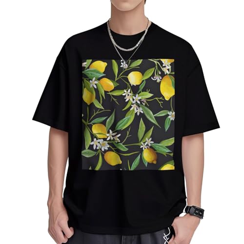 T-shirt coton imprimé citron pour femme - Haut imprimé fleurs à col rond