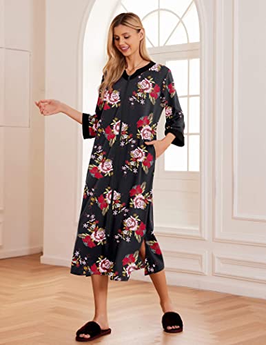 Ekouaer Womens Zipper Front Robes Long Soft Bathrobe Loose Housecoat 3/4 Sleeves Loungewear Black Flowers Large #TOP1