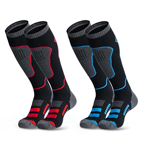 visionreast 2 Paia Calze da Sci Uomo & Donna Calzini Sportivi Traspiranti Calzini Termiche Invernali al Ginocchio in Lana Merino Socks per Trekking, Alpinismo, Snowboard Rosso/Blu L