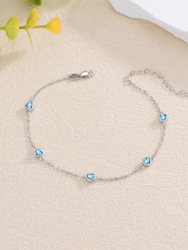 Image of Dorunmo Heart Birthstone Bracelets 925 Sterling Silver Round Birthstone Anklet for Women Birthday Jewelry Gifts for Girlfriend Wife Mother Her