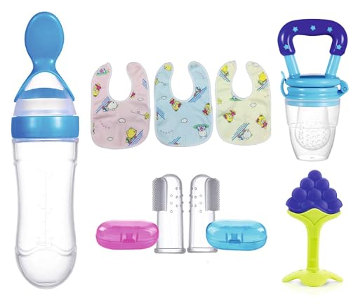 Image of 8-Piece Baby Feeding & Oral Care Set | Silicone Spoon Bottle 90ml, Fruit Feeder, Fruit Teether, Finger Tooth Brush (2pcs) & Waterproof Silicone Bibs (3pcs) | BPA-Free Newborn Kit (Combo of 8) (Blue)