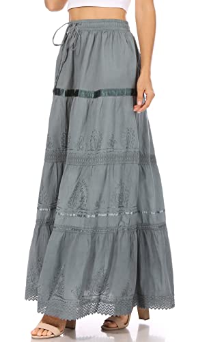 Sakkas Solid Embroidered Gypsy/Bohemian Full/Maxi/Long Cotton Skirt3