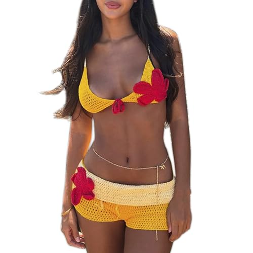 Women Sexy Two Piece Swimsuit Knitted Back Lace Up Halter Bikini Top and Shorts Set Bathing Suits