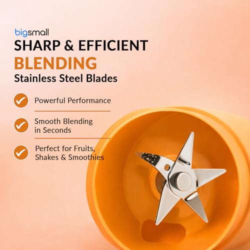 Image of Bigsmall Portable & Rechargeable Smoothie Blender Leak-Proof Lid - For Smoothies, Juices, Milkshakes, Baby Food, Ice Crushing & More (340ml) - 10 Stainless Steel Blades- (Orange)