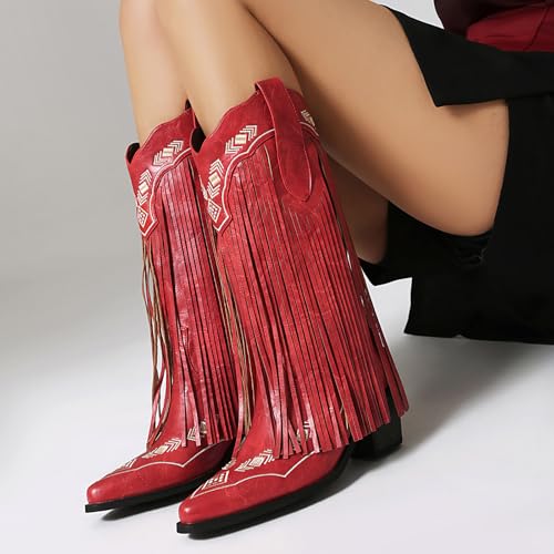 Image of Embroidered Fringe Cowboy Boots for Women, Pull On Mid Calf Chunky Block Heel Pointed Toe Western Cowgirl Boots Riding Country Boot Retro Boots