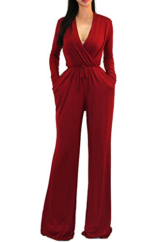 Vivicastle Women's USA Sexy Wrap Top Wide Leg Long Sleeve Cocktail Knit Jumpsuit (Small, Burgundy)