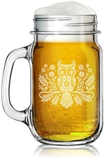 16oz Mason Jar Glass Mug w/Handle Gift Folk Art Owl