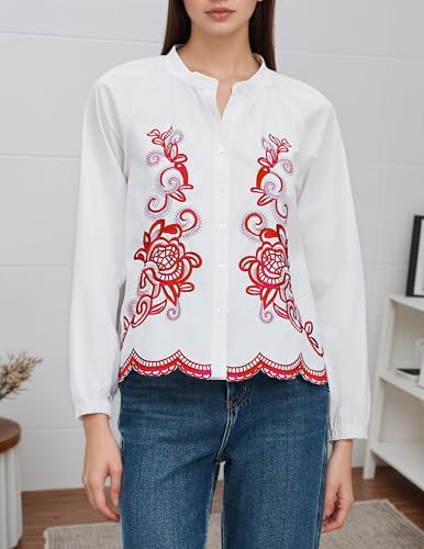Women's Floral Embroidered Tops Boho Long Sleeve V Neck Button Up Shirt Fall Casual Blouses2