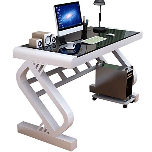 Bureau de jeu moderne avec plateau en verre trempé pour chambre à coucher, bureau à domicile et poste de travail informatique blanc et noir avec étagères...