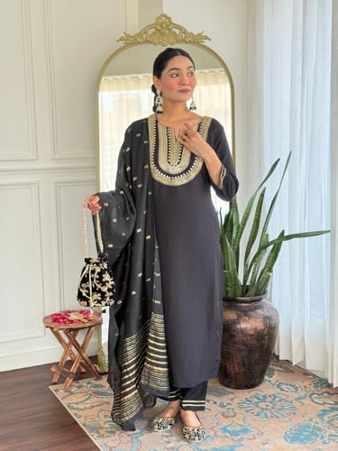 Image of Yashika Women's Black Embroidered Cotton Slub Fabric Straight Kurta, Pant and Dupatta Set | Kurta Set for Women