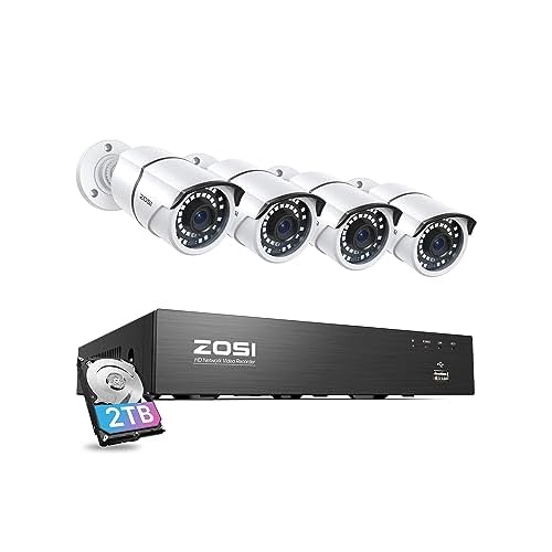 ZOSI 8CH 4K PoE CCTV Camera System, 4pcs 5MP PoE IP Cameras with 8 Ports 16CH 8MP NVR 2TB HDD, Motion Detection, 120ft Night Vision, Remote Access, 24/7 Recording for Home Outdoor Indoor Sec