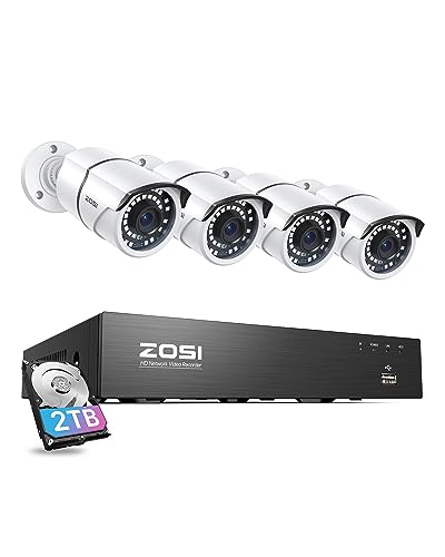 ZOSI 8CH 4K PoE Home Security Camera System, 8 Ports 16CH 8MP NVR with 2TB HDD, 4pcs 5MP Outdoor PoE IP Cameras, 120ft Night Vision, Motion Detection, Remote Access, for 24/7 Recording