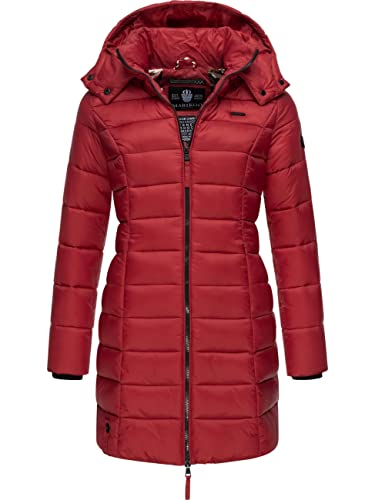MARIKOO Damen Langer Wintermantel Warmer Steppmantel mit Abnehmbarer Kapuze Abendsternchen Dark Red Gr. S