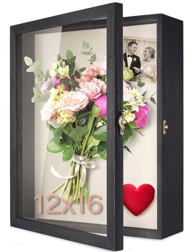 Image of TJ.MOREE Shadow Box 12x16 Memory Display Case Wooden Picture Frame Black | Large Rustic Keepsake Box with Linen Back for Memorabilia, Bridal Shower Wedding Gifts, Military Medals, Pet Memorial Gifts