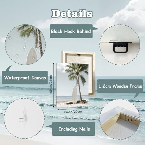 Image of CHDITB Beach Canvas Wall Art, Coastal Palm Tree Surfboard Wall Decor, Ocean Wave Seagull Artwork, Minimalist Surfing Pictures, Tropical Beach Prints for Bathroom Living Room seaside Bedroom 8 inchx10 inchx6