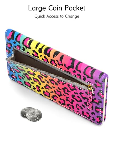 Image of Nipichsha Womens Wallet, RFID Slim Wallets for Women, Thin Ladies Credit Card Holder Purse, Cute Leather Bifold Clutch Billfold with 11 Card Slots & ID Window, Colorful Leopard Print