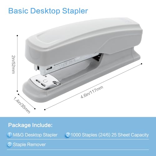 Image of M&G Desktop Stapler with 25 Sheet Capacity, Two Binding Modes, Basic Stapler Set with 1000 Staples and Remover, Durable Staplers for Office School Home (Grey)