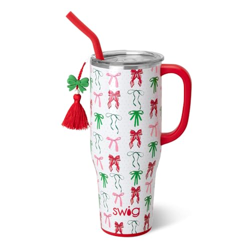 Image of Swig Life 40oz Mega Mug, 40 oz Tumbler with Handle and Straw, Cup Holder Friendly, Dishwasher Safe, Extra Large Insulated Tumbler, Stainless Steel (Ribbons and Bows)