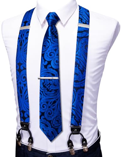 Image of Barry.Wang Men Suspender Set with Necktie Elastic Y Type Heavy Duty 6 Clips Braces Tie Handkerchief Cufflink Pin 6PCS